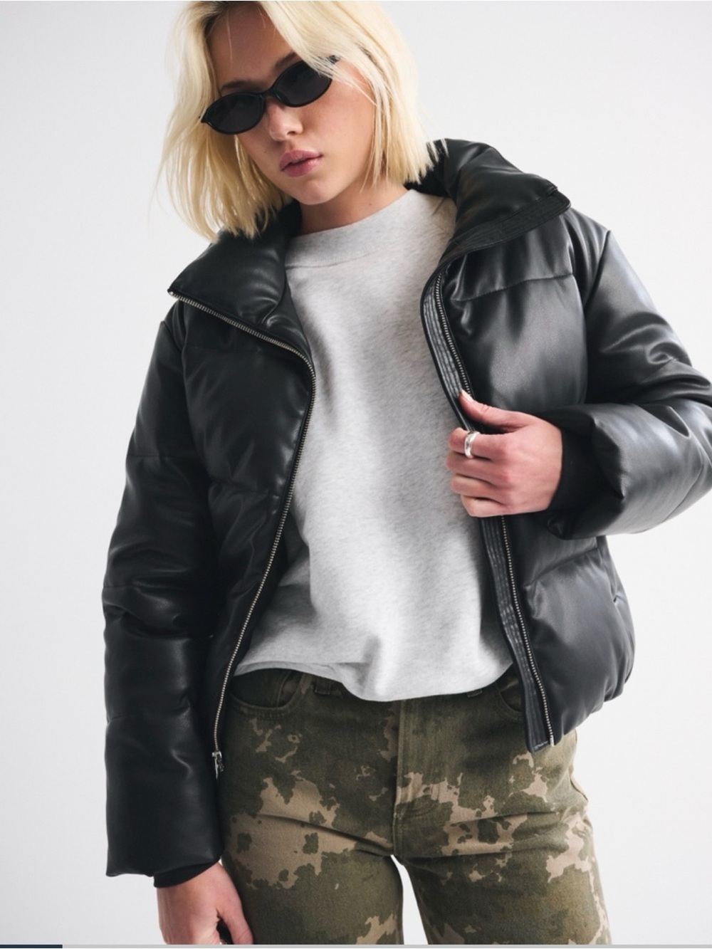 Abercrombie & Fitch Black Faux-Leather Puffer Jacket